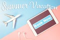 Tablet for vacation book now with plane for travel agency Royalty Free Stock Photo