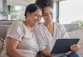 Tablet, video call and senior mom with daughter bond together in Mexico family home. Happy, excited and cheerful Mexican Royalty Free Stock Photo