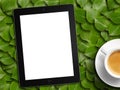 Tablet white screen similar to ipad display and coffee Royalty Free Stock Photo