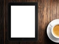 Tablet white screen similar to ipad display and coffee Royalty Free Stock Photo