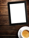 Tablet white screen similar to ipad display and coffee Royalty Free Stock Photo