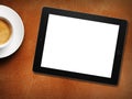 Tablet white screen similar to ipad display and coffee Royalty Free Stock Photo