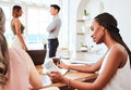 Tablet, writing and research with a black woman designer working at a desk in her office on a creative project. Design Royalty Free Stock Photo