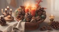 A tabletop arrangement of pinecones, acorns, and a rustic candle, evokes a sense of fall tranquility Royalty Free Stock Photo