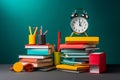 A tabletop with assorted items including many books, an alarm clock, and a range of colored pencils Royalty Free Stock Photo