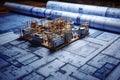 Tabletop blueprint arrangement Stacked rolls, architectural designs showcased, creative workspace depiction
