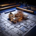 Tabletop blueprint arrangement Stacked rolls, architectural designs showcased, creative workspace depiction