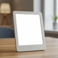 A tabletop digital frame with a blank white screen and a minimalistic design is Royalty Free Stock Photo
