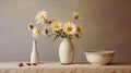 Minimalist Pottery Vases With Daisies: A Contemporary Depiction Of Everyday Life