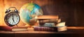 Tabletop globe, alarm clock and books stand on the table on brown background