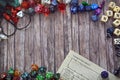 Tabletop role playing flat lay background with colorful RPG dices and character sheet Royalty Free Stock Photo