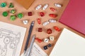 Tabletop role playing flat lay with RPG game dices, hand drawn character sheet, dungeon map and pen Royalty Free Stock Photo