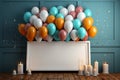 Tabletop symphony dynamic view with colorful balloons, white frame on blue wood Royalty Free Stock Photo