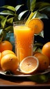 A tabletop tableau glass of orange juice, blue straw, and a heap of oranges