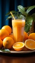 A tabletop tableau glass of orange juice, blue straw, and a heap of oranges