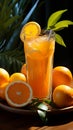 A tabletop tableau glass of orange juice, blue straw, and a heap of oranges