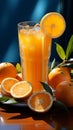 A tabletop tableau glass of orange juice, blue straw, and a heap of oranges