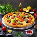 Tabletop Temptation: Scrumptious Pizza Presentation with Tomatoes and Greens, Ready for Indulgence.