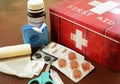 First aid box and tablets Royalty Free Stock Photo