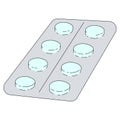 Tablets in a blister pack. Blue pills in cartoon style. Vector illustration isolated on white