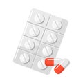 Tablets in blister packaging and capsules. Pharmaceuticals, pills, medication, drugs.