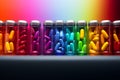 Tablets and capsules in all colors of the rainbow. Banner for pharmaceutical add Royalty Free Stock Photo