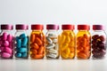 Tablets and capsules in all colors of the rainbow. Banner for pharmaceutical add Royalty Free Stock Photo