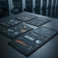 Tablets displaying data visualizations and analytics dashboards are arranged on a Royalty Free Stock Photo