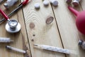 Tablets , enema , stethoscope top view Royalty Free Stock Photo