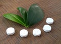 White tablets and green leaves over wooden background symbolizing homeopathy.