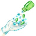 Tablets are poured into the hand. Watercolor illustration. Isolated on a white background. Royalty Free Stock Photo