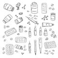 Tablets, syringe, capsule container, eye drops, thermometer, ampoules, ointment and snake bowl set. Medical hand-drawn doodle Royalty Free Stock Photo