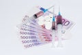 Tablets, syringe vaccine and euro bills. Expensive medicine concept Royalty Free Stock Photo