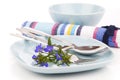 Tableware with blue lobelia flowers and cutlery Royalty Free Stock Photo