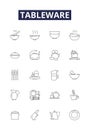 Tableware line vector icons and signs. Plates, Bowls, Glasses, Mugs, Utensils, Jugs, Trays, Coasters outline vector