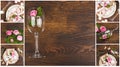 Tableware and silverware with light pink roses on the wooden background Royalty Free Stock Photo