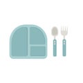 Tableware with spoon and fork. Plate with cutlery. Empty silicone dish. Vector flat illustration Royalty Free Stock Photo