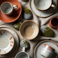 Tableware in various earthy tones is arranged on a textured gray Royalty Free Stock Photo