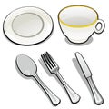 Tableware on white background. Mug and saucer of porcelain, tea spoon, fork and butter knife made of metal Royalty Free Stock Photo