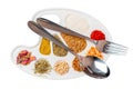 Tablewares and a palette of spices Royalty Free Stock Photo