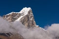Taboche peak above the clouds view from Dingboche village in Everest base camp trekking route, Himalaya mountains range in Nepal