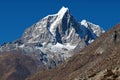 Taboche peak and Cholatse - beautiful Himalayan mountains around the way to Everest base camp, Everest area, Khumbu valley, Royalty Free Stock Photo