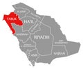 Tabuk red highlighted in map of Saudi Arabia