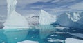 Tabular icebergs melt at turquoise ocean bay aerial. Huge high ice glacier, polar nature environment