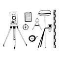 tacheometer, technical level, Total station, tape measure, leveling staff, compass, tablet, dividers set hand drawn