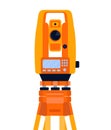 Tacheometer, theodolite and tripod, geodetic equipment, measuring instrument, isolated on white background. Flat style.