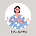Tachycardia, Heart arrhytmia. Woman press her chest with hand. Flat vector isolated illustration