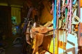 Tack needed to go for a horse ride, including Bits, Bridles, Blankets, Reins, Saddles, and Stirrups Royalty Free Stock Photo