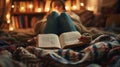 Tack-sharp image of a person journaling, cozy reading nook, soft lighting