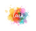 Tack - Thank you in Swedish. Handwritten modern calligraphy watercolor lettering text. Colorful handlettering on watercolor paint